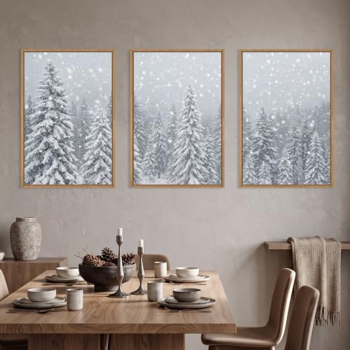 Snowy Christmas Tree Natural Woodland Framed Canvas Wall Art Set- 16"x24"x3 - Image 3