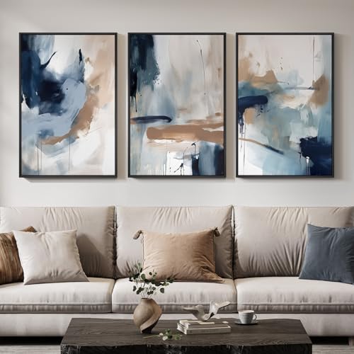 Large Framed Blue Neutral Abstract Wall Art - Image 3