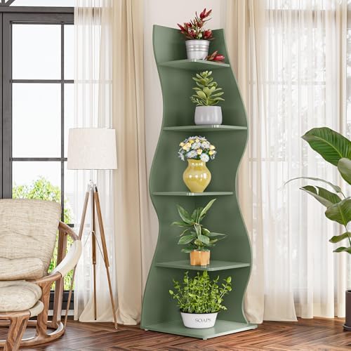 LITTLE TREE Small Corner Shelf, Modern 5-Tier Wall Wavy Corner Bookshelf - Image 6
