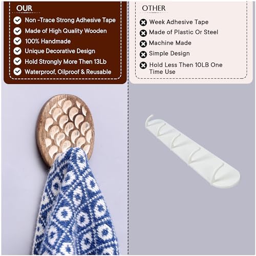 Indian Shelf 3 Boho Wood Adhesive Wall Hooks, 6 lb Hangers - Image 4