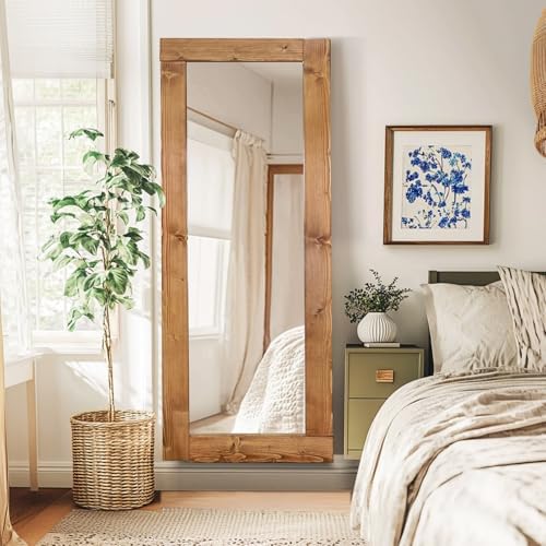 65x24in Full Length Mirror, Solid Wood Convex Frame, Light Brown - Image 5