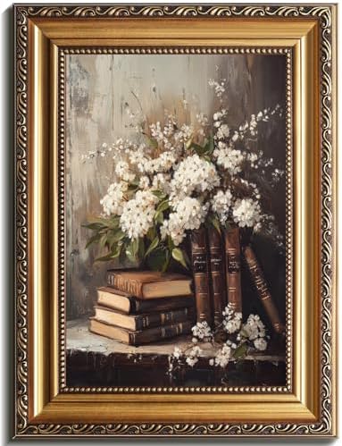 uniro Vintage Gold Framed Wall Art, Moody Books and Flowers Canvas Art Prints by uniro