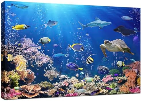 DUOHUTRA Sea Turtle Canvas Wall Art Colorful Fish Coral Painting Blue Ocean - Image 7