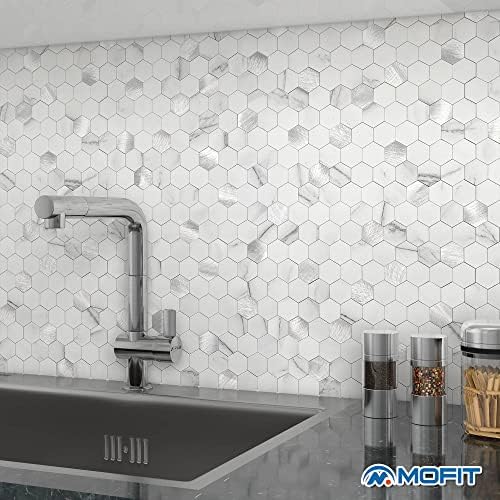 Peel and Stick Backsplash Hexagon Marble Tiles White Silver 10pcs - Image 4