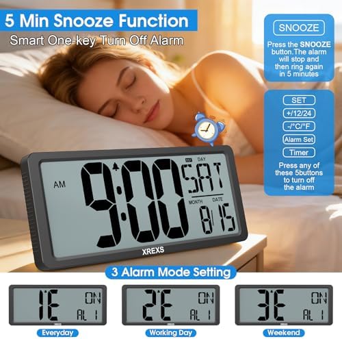 XREXS 14.17 Inch Large Digital Wall Clock, Battery Operated Alarm Clock - Image 3