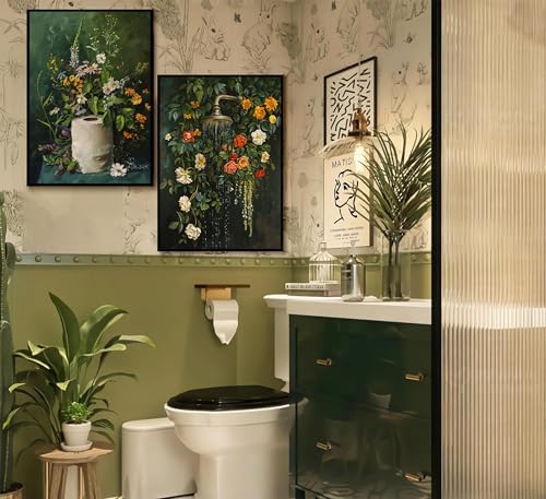 3Pcs Vintage Dark Green Bathroom Wall Art Shower Toilet Paper Roll Floral - Image 3