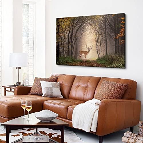 Wild Animal Landscape Canvas Wall Art Deer in Autumn Foggy Forest Picture Wall - Image 6