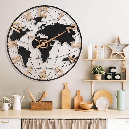 Pytha Sight 24 Inch Large World Map Vintage Gold Arabic Numerals Wall Clock - Image 4