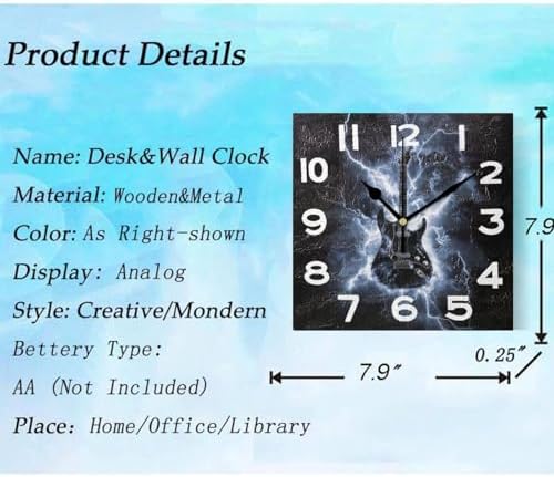 Moderate 8 Inch Square Wall Clock, Fashion Electric Guitar in Light Non Ticking - Image 3