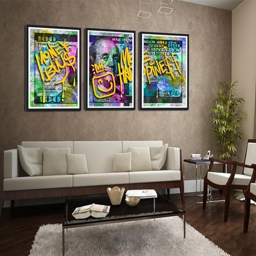 Black Framed Canvas Wall Art 100 Dollar Money Buy Me Happiness Painting 3 Panels - Image 3