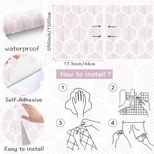 OSECAGE Geometric Peel and Stick Wallpaper Pink Contact Paper 17.3''×591'' - Image 3
