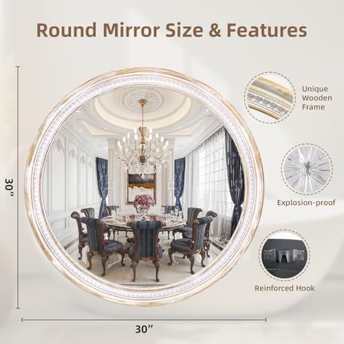 30 Inch Round Wood Mirror, Rustic Farmhouse Decorative Wall Mirror - Image 2
