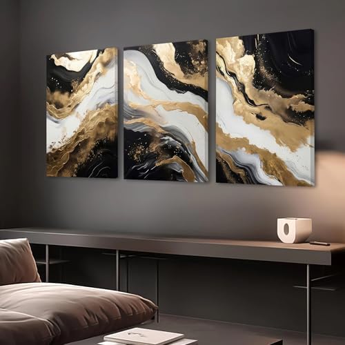 EJPFOGV Triptych Black White Gold Wrapped Canvas Wall Art 20x30 inches x3 - Image 3