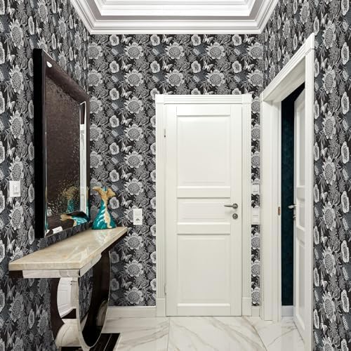 FLFK Peel and Stick Wallpaper Floral Birds Black Wallpaper 16" x 384" - Image 3