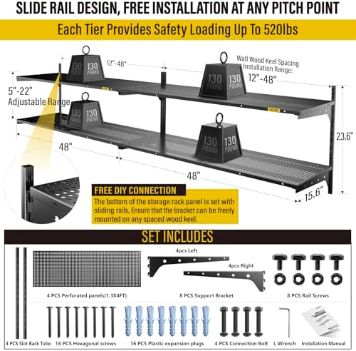 Aecxm 2-Pack 2 Tier 1.3x4ft Garage Shelving Wall Mounted, 520lbs Load - Image 5
