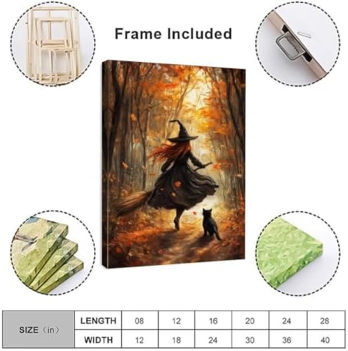 Forest Witch Black Cat Canvas Wall Art, Autumn Halloween Witch Poster Decor - Image 2