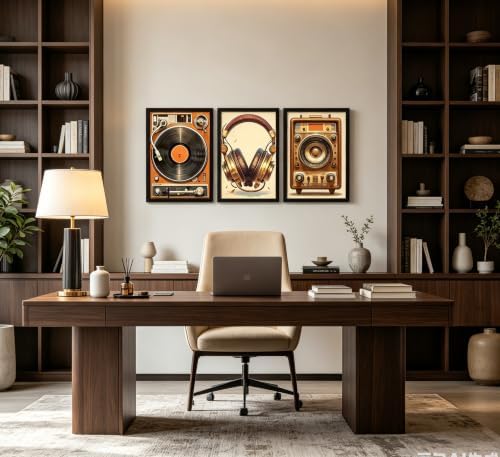 Framed Vintage Music Equipment Canvas Wall Art Set of 3, Retro Turntable - Image 2