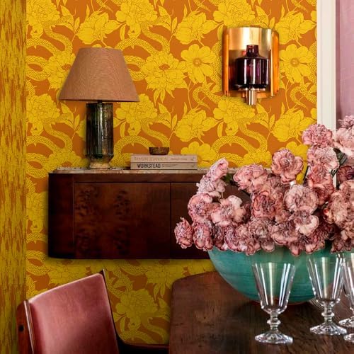 MuralPeel Vintage Brown Yellow Orange Floral Snake Peel and Stick Wallpaper - Image 6