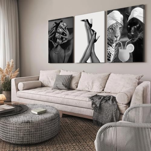 Black White Leopard Wall Art Trendy Cheetah Canvas Wall Decor Fashion Cocktail - Image 5