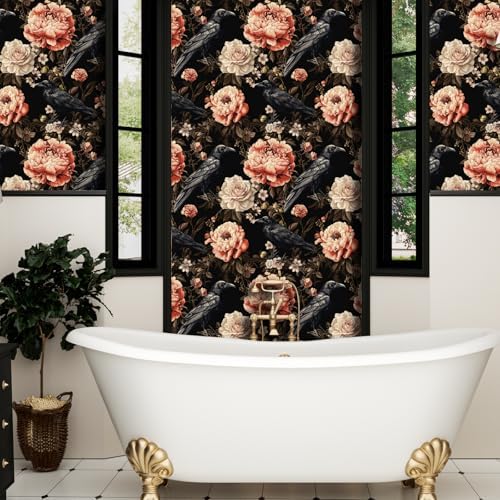 ILHIIOR Black Crow Floral Peel and Stick Wallpaper 17.5 x 118 Inches - Image 2