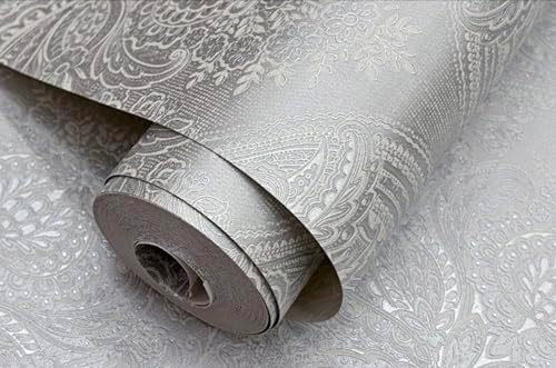Blooming Wall Grey Damasks Flocking Embossed Textured Wallpaper Roll - Image 4