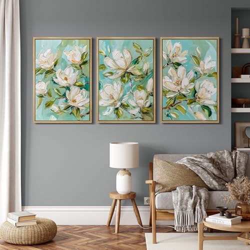 MUDECOR Framed Canvas Print Wall Art Abstract Magnolia Flower Teal Green - Image 4