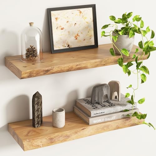 Live Edge Floating Shelves for Wall Decor, Solid Elm Wood Floating Shelves Wall by Venusmiles