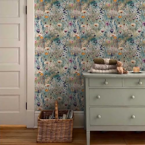 Watercolor Blue Green Purple Beige Wildflower Peel and Stick Wallpaper Wall - Image 3