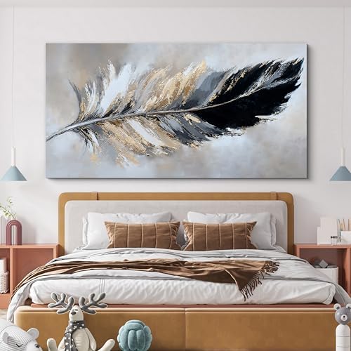 YISXINOAG Black Gold Abstract Wall Art Minimalist Feather Canvas 20"X40" - Image 5