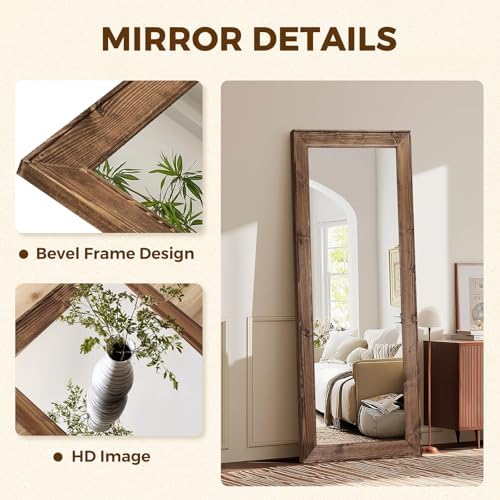 58x22in Full Length Mirror, Rustic Brown Beveled Wood Frame - Image 3