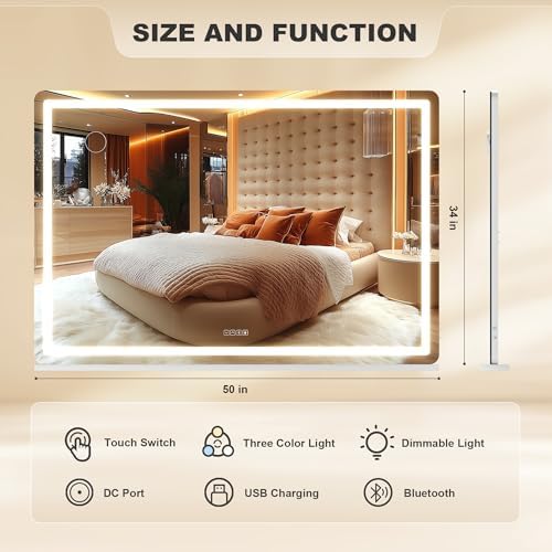 Hasipu Vanity Mirror with Lights and Bluetooth Speaker, 50.2" x 33.9" LED - Image 2