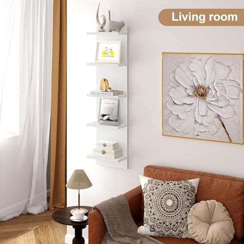 5 Tier White Floating Wall Shelf Unit, Vertical Storage Tower - Image 2
