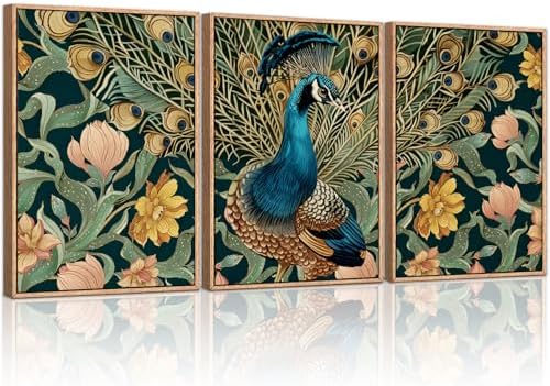 HLNIUC Elegant Peacock Wall Art Canvas, Boho Flower Wall Art, Animal Feather by HLNIUC