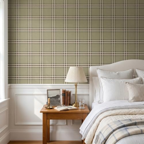 Olive Green Brown Plaid Peel and Stick Wallpaper Tartan Check Pattern - Image 2