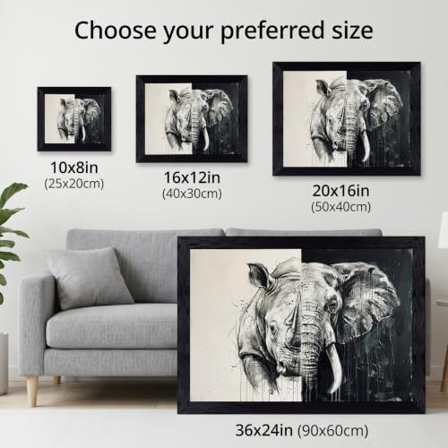 Framed Canvas Wall Art Monochrome Rhino Elephant Split Portrait High Contrast - Image 3