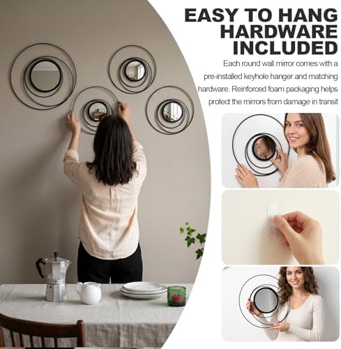 4 Piece Gold Round Wall Mirror Set Modern Metal Circles - Image 6