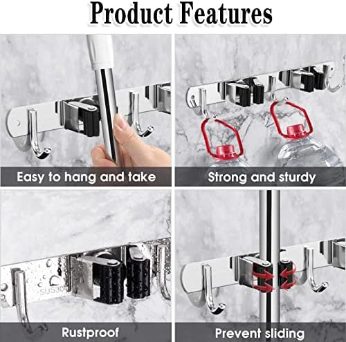 AceMining Broom Holder Wall Mount, 2 Racks 3 Hooks Heavy Duty Mop Organizer - Image 2