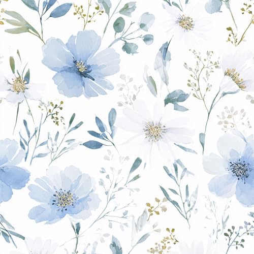 Light Blue Floral Peel and Stick Wallpaper, 17.7in x 118in by Akodm