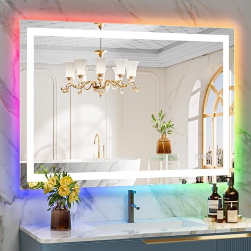 44x32 LED Bathroom Mirror with Lights, RGB Backlit Lighted Mirror by YEELAIT