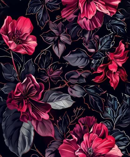 REDAMANCY Dark Black Red Pink Floral Grey Modern Flowers Leaf Peel and Stick by Unknown