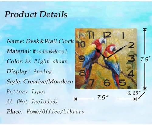 8 Inch Square Wall Clock, Retro Branch Two Parrots Painting Battery Operated - Image 3