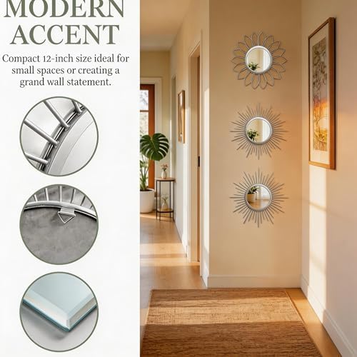 Boho Sunburst Wall Mirror Set of 3, 12 Inch Round Antique & Modern Metal Wall - Image 4