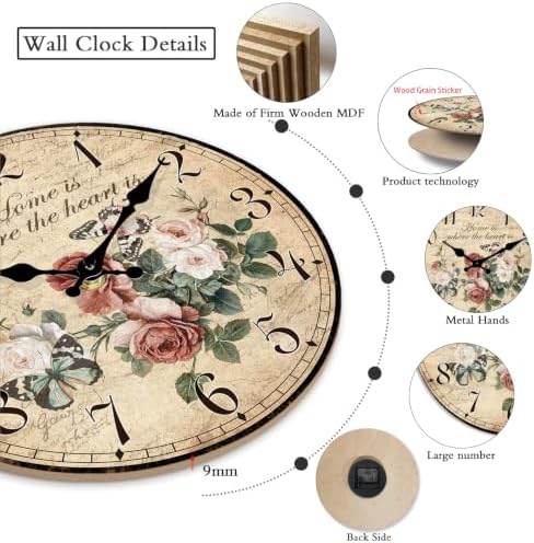 XFM Large Wooden Wall Clock 20 Inch Vintage Floral Butterfly - Image 3