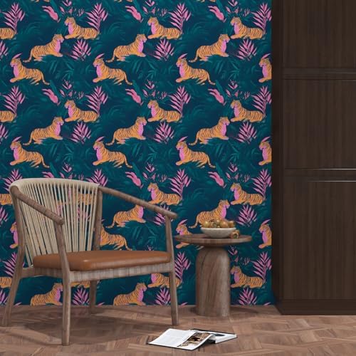 BOKEBEVE Tropical Tiger Wallpaper Peel and Stick Green Pink 17.5 x 118In - Image 3