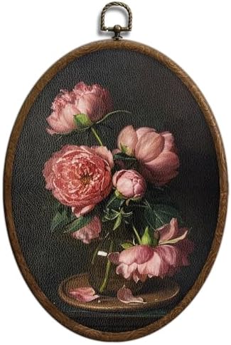 Moody Pink Peony Oval Wall Art, Vintage Dark Pink Peonies Oval Framed Wall Art by Unknown