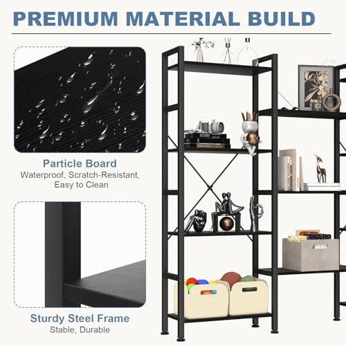 DUMOS Triple Column 4 Tier Bookshelf, Wide Industrial Bookcase - Image 5