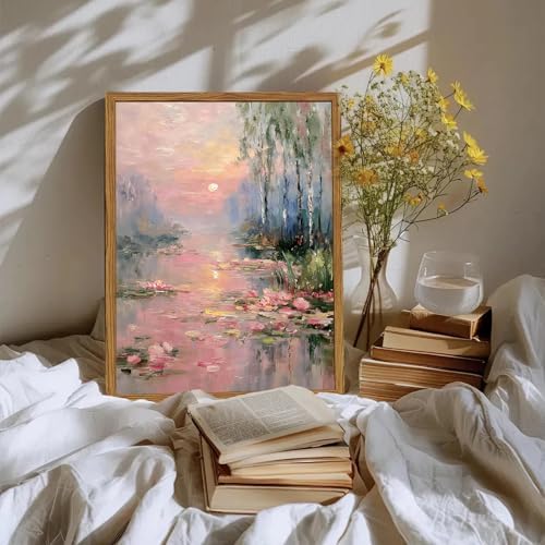Framed Vintage Monet Canvas Wall Art, Impressionist Sunset Landscape Paintings - Image 2
