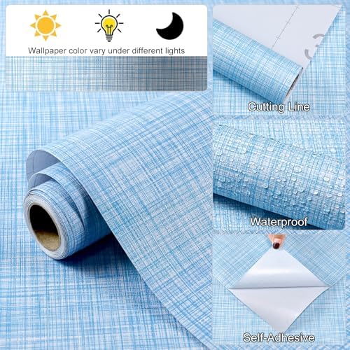 Blue Grasscloth Wallpaper 17.3"x 236" Peel and Stick Wallpaper Self-Adhesive - Image 3