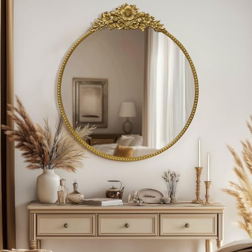 Round Baroque Style Antique 24" Metal Circle Vintage Mirror, Wall Mounted - Image 6