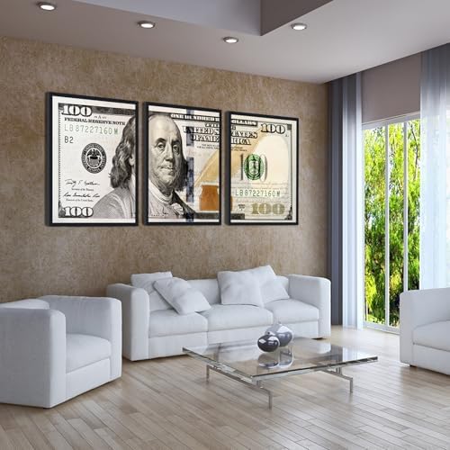 Black Framed Vintage Canvas Wall Art Benjamin Franklin 100 Dollar Money - Image 2